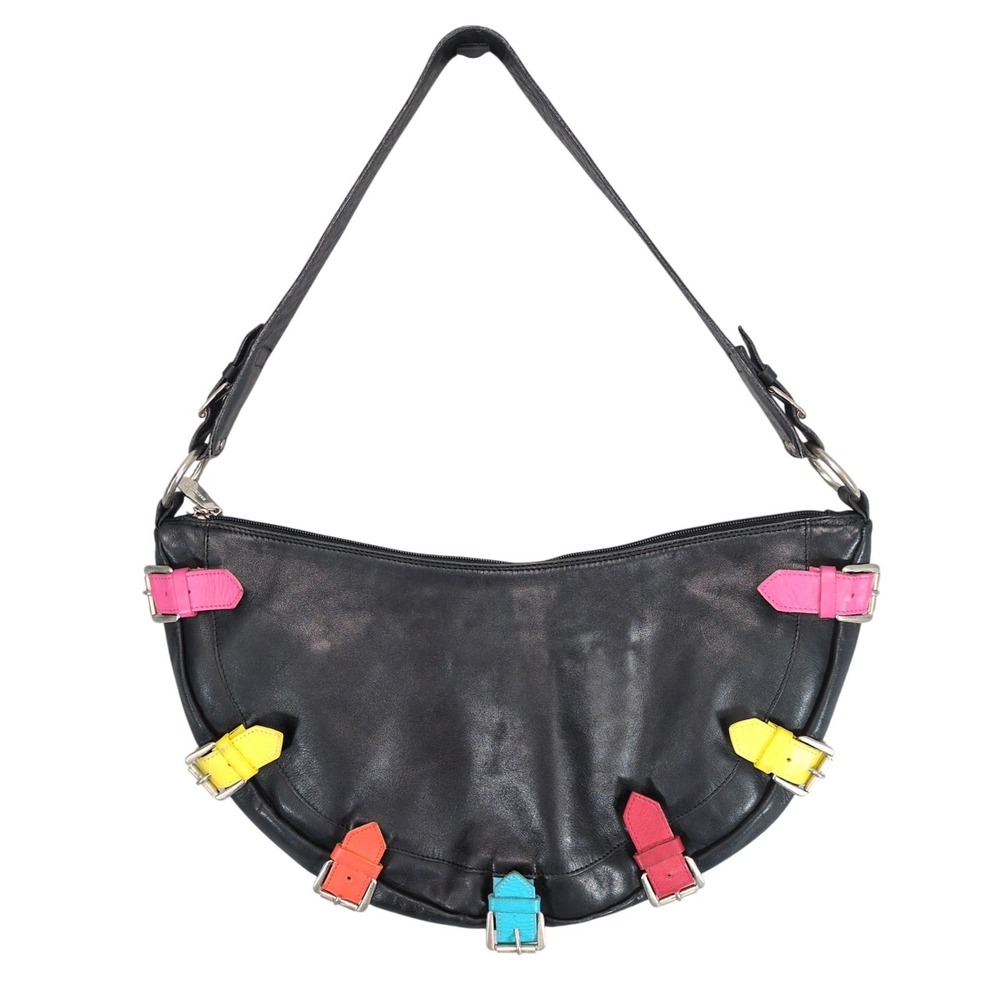Vintage Berge Italy Genuine Leather Hobo Shoulder Bag Black Colorful Buckles 17"